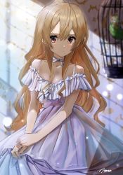 Rule 34 | 1girl, aisaka taiga, bare shoulders, bird, blurry, blurry background, blush, brown eyes, brown hair, cage, choker, closed mouth, commentary request, dress, hair between eyes, highres, inko, long hair, looking at viewer, parrot, ribbon choker, signature, sleeveless, sleeveless dress, solo, toradora!, verse, white dress, white neckwear