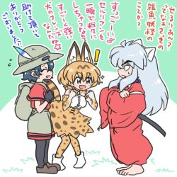Rule 34 | 10s, 1boy, 2girls, animal ears, backpack, bag, black hair, bucket hat, crossover, dog ears, gloves, hat, hat feather, head wings, inuyasha, inuyasha (character), kaban (kemono friends), kemono friends, multiple girls, open mouth, pantyhose, safari hat, serval (kemono friends), short hair, sparkle, tail, translation request, wanta (futoshi), wings, yellow eyes