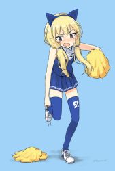 Rule 34 | 1girl, alternate costume, animal ears, blonde hair, blue background, blue eyes, blue hairband, blue skirt, blue thighhighs, blush, breasts, carla j. luksic, cat ears, cheerleader, d:, eyebrows, fake animal ears, fang, female focus, full body, hairband, highres, long hair, looking down, low twintails, makaze (t-junction), miniskirt, open mouth, pleated skirt, pom pom (cheerleading), putting on shoes, shoes, simple background, skirt, sleeveless, small breasts, solo, standing, standing on one leg, strike witches, thighhighs, twintails, white footwear, world witches series, zettai ryouiki
