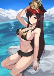 Rule 34 | 1girl, bare shoulders, beach, bikini, black bikini, blue sky, breasts, brown hair, cleavage, cloud, day, fate/grand order, fate (series), hat, k jin, large breasts, long hair, looking at viewer, navel, oda nobunaga (fate), oda nobunaga (koha-ace), oda nobunaga (swimsuit berserker) (fate), oda nobunaga (swimsuit berserker) (second ascension) (fate), outdoors, red eyes, sitting, sky, smile, solo, swimsuit