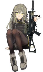 Rule 34 | 1girl, absurdres, bad id, bad pixiv id, black pantyhose, boots, brown hair, girls&#039; frontline, grey footwear, gun, h&amp;k ump, hair ribbon, hairband, highres, long hair, looking at viewer, military, open mouth, pantyhose, reraise, ribbon, rifle, simple background, sitting, sitting on lap, sitting on person, solo, strapless, submachine gun, ump40 (girls&#039; frontline), uniform, weapon, white background, yellow eyes