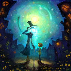 Rule 34 | 2boys, at pokky, atpokkii, belt, building, cane, child, coat, fantasy, full moon, hat, height difference, holding, holding clothes, holding hat, house, lamppost, light bulb, magic, male focus, moon, multiple boys, night, original, outdoors, salute, signature, sky, standing, star (sky), unworn hat, unworn headwear