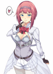 Rule 34 | 1girl, ark royal (kancolle), belt, black gloves, blue eyes, blush, bow, bowtie, breasts, cleavage, closed mouth, corset, crown, dress, fingerless gloves, flower, gloves, heart, kantai collection, long sleeves, looking at viewer, pantyhose, rasahan, red hair, short hair, short shorts, shorts, simple background, small breasts, smile, solo, spoken heart, standing, white background, white pantyhose