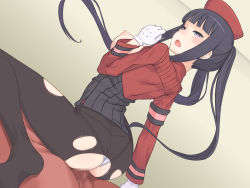 Rule 34 | 1girl, ass, black hair, blue eyes, blush, breasts, censored, clothing aside, girl on top, gloves, hat, hou (hachiyou), large breasts, legs, long hair, looking away, lying, nipples, open mouth, panties, panties aside, panties under pantyhose, pantyhose, penis, sex, sitting, sitting on person, summon night, summon night 5, thighs, torn clothes, torn legwear, underwear, vaginal, yeng-hua