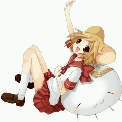 Rule 34 | 1girl, :3, animal ears, arm up, blonde hair, hand up, kneehighs, leaning back, mouse ears, namori, namori (fictional persona), open mouth, original, outstretched arm, pleated skirt, red eyes, school uniform, serafuku, sitting, skirt, smile, socks, solo, white socks
