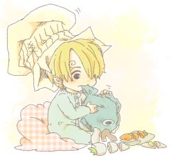 Rule 34 | 1boy, blonde hair, chef hat, child, hat, lou (usopo), male focus, one piece, pixiv sample, resized, sanji (one piece), sitting, solo, toy, aged down