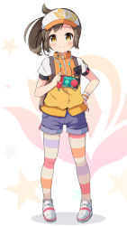 Rule 34 | 1girl, backpack, bag, blue shorts, blush, brown eyes, brown hair, closed mouth, commentary request, creatures (company), full body, game freak, hand on own hip, hat, highres, holding, jacket, nekono rin, new pokemon snap, nintendo, orange jacket, pantyhose, pantyhose under shorts, pokemon, ponytail, puffy short sleeves, puffy sleeves, river (pokemon), shoes, short shorts, short sleeves, shorts, smile, solo, standing, striped clothes, striped pantyhose, visor cap, white footwear, white hat, wristband