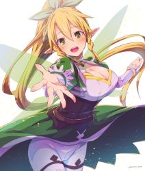 Rule 34 | 1girl, artist name, belt, blonde hair, blush, breasts, cleavage, clenched hand, emu (trigger), green eyes, hair between eyes, hair ornament, highres, large breasts, leafa, legs together, long hair, long pointy ears, looking at viewer, open mouth, outstretched hand, pointy ears, ponytail, sidelocks, simple background, smile, solo, sword art online, teeth, upper teeth only, white background, wings