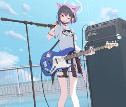 Rule 34 | 1girl, animal ears, bass guitar, black cardigan, black hair, blue archive, blue sky, breasts, cac itinose, cardigan, cardigan around waist, clothes around waist, clothes writing, cloud, commentary request, day, english text, fender precision bass, highres, holding, holding instrument, holding microphone, instrument, kazusa (blue archive), mask, mask pull, microphone, microphone stand, mouth mask, multicolored hair, one eye closed, open mouth, outdoors, pink hair, pleated skirt, railing, red eyes, rooftop, shirt, short sleeves, skirt, sky, small breasts, solo, speaker, two-tone hair, white shirt, white skirt
