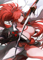 Rule 34 | 1girl, amputee, baiken, big hair, black kimono, breasts, cleavage, danhu, eyepatch, from above, fundoshi, guilty gear, guilty gear strive, highres, holding, holding sword, holding weapon, huge breasts, japanese clothes, kataginu, katana, kimono, multicolored clothes, multicolored kimono, one-eyed, open clothes, open kimono, red eyes, red hair, red rope, rope, samurai, scar, scar across eye, scar on face, sheath, signature, solo, sword, weapon, white background