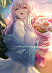 Rule 34 | 1girl, :o, bandaid, bandaid on face, blue jacket, bouquet, breasts, flower, grey hair, half-closed eyes, highres, holding, holding bouquet, idolmaster, idolmaster shiny colors, jacket, jacket partially removed, lens flare, looking at viewer, looking down, looking to the side, medium breasts, outdoors, round teeth, solo, sunset, teeth, toho (kihon ha yappa), twintails, yukoku kiriko