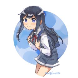 Rule 34 | 1girl, artist name, asashio (kancolle), backpack, bag, black hair, blue background, blush, commentary request, cropped legs, dress, kantai collection, long hair, looking at viewer, mogamiya honu, neck ribbon, pinafore dress, purple eyes, ribbon, sleeveless, sleeveless dress, smile, solo, two-tone background, white background