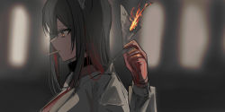 Rule 34 | 1girl, absurdres, animal ear fluff, animal ears, arknights, black hair, blurry, blurry background, brown eyes, burning, chihuri, cigarette, closed mouth, collared shirt, depth of field, fire, from side, gloves, hair between eyes, hand up, highres, holding, jacket, looking away, multicolored hair, open clothes, open jacket, profile, red gloves, red hair, red shirt, shirt, smoke, smoking, solo, streaked hair, texas (arknights), upper body, white jacket