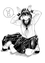 Rule 34 | 1girl, arms up, bag, blush, commentary request, full body, greyscale, highres, hiwatari rin, long hair, long sleeves, looking at viewer, monochrome, neckerchief, original, parted lips, pleated skirt, rabbit pose, sailor collar, school bag, school uniform, serafuku, shadow, shirt, shoes, simple background, skirt, smile, socks, solo, spoken animal, twintails, uwabaki, white background