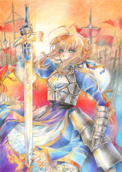 Rule 34 | 1girl, absurdres, ahoge, armor, armored dress, artoria pendragon (all), artoria pendragon (fate), blue dress, braid, breastplate, cape, colored pencil (medium), dress, eyelashes, fate/stay night, fate (series), faulds, flag, fur-trimmed cape, fur trim, gauntlets, green eyes, hair bun, hair ribbon, highres, holding, holding sword, holding weapon, juliet sleeves, long sleeves, looking at viewer, pennant, princess ailish, puffy sleeves, ribbon, rising sun flag, saber (fate), serious, single hair bun, solo, sunburst, sunlight, sunrise, sword, tassel, traditional media, weapon, wind