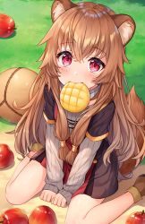 Rule 34 | 1girl, animal ear fluff, animal ears, apple, ball, between legs, blush, boots, bread, brown footwear, brown hair, brown skirt, closed mouth, commentary, day, dot nose, food, food in mouth, fruit, grass, grey shirt, hair between eyes, hand between legs, hitsukuya, long hair, long sleeves, looking at viewer, melon bread, mouth hold, on ground, outdoors, raccoon ears, raccoon girl, raccoon tail, raphtalia, red apple, red eyes, ribbed shirt, shirt, sitting, skirt, sleeves past wrists, solo, tail, tate no yuusha no nariagari, very long hair, wariza