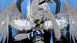 Rule 34 | 1girl, absurdres, amane kanata, angel wings, blue background, bob cut, collarbone, crown, unworn crown, hair over one eye, halo, highres, hololive, king (vocaloid), looking at viewer, parody, purple eyes, shirokumo 46, single hair intake, sitting, solo, song name, star halo, teeth, throne, virtual youtuber, vocaloid, white hair, wings