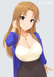 Rule 34 | 1girl, absurdres, arm at side, bangle, blue eyes, bracelet, breasts, brown hair, camisole, cleavage, closed mouth, commentary request, grey background, tucking hair, high-waist skirt, highres, idolmaster, idolmaster cinderella girls, jewelry, large breasts, long hair, looking at viewer, matsumoto sarina, necklace, onao, sidelocks, simple background, skirt, smile, solo