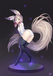 Rule 34 | 10s, 1girl, absurdres, animal ear fluff, animal ears, ass, bad id, bad pixiv id, blade &amp; soul, blonde hair, blue eyes, curly hair, earrings, fox ears, from behind, highres, jewelry, large tail, leaning forward, legs, long hair, long tail, looking back, lyn (blade &amp; soul), no pants, no shoes, panties, ribbon, shirt, single earring, smile, solo, sosoa, tail, thighhighs, twintails, underwear, white panties