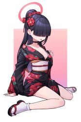Rule 34 | 1girl, 28 (282teeth), black hair, blue archive, blunt bangs, breasts, choker, earrings, flower, hair flower, hair ornament, hair over eyes, halo, highres, japanese clothes, jewelry, justice task force member (blue archive), kimono, long hair, medium breasts, ponytail, red lips, sandals, sash, shirt, sitting, small breasts, solo, tabi, wariza, white shirt, zouri