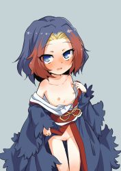 Rule 34 | 1girl, borrowed character, bow, collarbone, eyes visible through hair, flat chest, heavy breathing, highres, looking at viewer, luke (b10a3123m), multicolored hair, nipples, no panties, open mouth, original, pussy juice, sakuen, solo, two-tone hair, uncensored