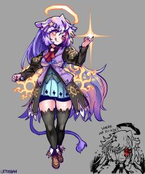 Rule 34 | 1girl, absurdres, black thighhighs, commission, crescent halo, fractal, grey background, halo, highres, kaibootsu, long hair, long sleeves, looking at viewer, multicolored eyes, navel, one eye closed, orange eyes, purple eyes, purple hair, scp-6777, scp foundation, signature, star-shaped pupils, star (symbol), symbol-shaped pupils, tail, tapir tail, thighhighs, yellow halo