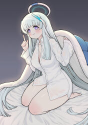 Rule 34 | 1girl, bed, bed sheet, blanket, blue archive, blunt bangs, breasts, cleavage, collared shirt, commentary, grey hair, halo, highres, index finger raised, large breasts, leaning forward, long hair, long sleeves, looking at viewer, naked shirt, noa (blue archive), purple eyes, seiza, shirt, sidelocks, sitting, smile, solo, white shirt, yosik