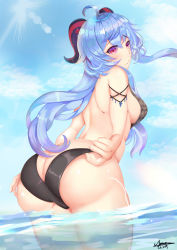 Rule 34 | 1girl, absurdres, ahoge, artist request, ass, bare shoulders, bikini, blue hair, blush, breasts, butt crack, embarrassed, from behind, ganyu (genshin impact), genshin impact, highres, horns, huge ass, large breasts, long hair, looking at viewer, looking back, red eyes, shiny skin, sideboob, smile, solo, swimsuit, very long hair, water, wet