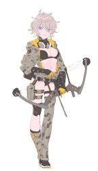 Rule 34 | 1girl, asymmetrical pants, bikini, black bikini, black footwear, black jacket, bow (weapon), breasts, camouflage, cleavage, closed mouth, commentary request, compound bow, desert camouflage, detached pants, enkyo yuuichirou, eyebrows hidden by hair, gloves, grey hair, hair between eyes, highres, holding, holding bow (weapon), holding weapon, hood, hood down, hooded jacket, jacket, long sleeves, mask, mask around neck, medium breasts, multicolored hair, navel, open clothes, open jacket, original, puffy long sleeves, puffy sleeves, purple eyes, red gloves, red hair, respirator, shoes, solo, swimsuit, two-tone hair, weapon