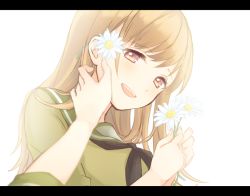 Rule 34 | 10s, 2girls, backlighting, bad id, bad pixiv id, brown eyes, brown hair, female pov, flower, hair flower, hair ornament, kantai collection, kitakami (kancolle), letterboxed, long hair, looking at viewer, multiple girls, nerunnn, ooi (kancolle), outstretched hand, pov, school uniform, serafuku, smile, solo focus, upper body