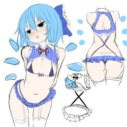 Rule 34 | 1girl, :o, arms behind back, ass, bikini, blue bikini, blue bow, blue eyes, blue hair, blue skirt, blush, bow, cirno, from behind, front-tie bikini top, front-tie top, garter straps, greatmosu, hair bow, highres, ice, ice wings, leaning forward, looking at viewer, micro bikini, microskirt, multiple views, navel, short hair, simple background, sketch, skirt, swimsuit, thighhighs, touhou, white background, wings