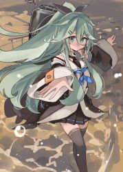 Rule 34 | 1girl, bare shoulders, black ribbon, black serafuku, black skirt, black thighhighs, blue neckerchief, choker, closed mouth, commentary request, detached sleeves, feet out of frame, green eyes, green hair, hair between eyes, hair flaps, hair ornament, hair ribbon, hairclip, highres, kantai collection, long hair, looking at viewer, machinery, neckerchief, outdoors, outstretched arms, parted bangs, pleated skirt, ponytail, ribbon, school uniform, serafuku, sidelocks, skirt, smokestack, solo, sugue tettou, thighhighs, water, white choker, yamakaze (kancolle), zettai ryouiki