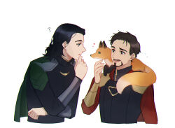 Rule 34 | 2boys, alternate costume, alternate universe, animal, animal ears, animal nose, animification, black hair, black shirt, black vest, brown eyes, brown hair, cape, commentary, english commentary, facial hair, fingernails, fox, fox ears, fox tail, gold trim, green cape, green eyes, hand up, loki (marvel), long sleeves, looking at another, male focus, marvel, marvel cinematic universe, medium hair, multiple boys, murdermuffinloki, open mouth, orange fur, red cape, red shirt, shirt, short hair, simple background, smile, standing, tail, teeth, tongue, tony stark, vest, white background