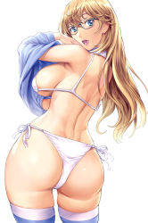 Rule 34 | 1girl, ass, bikini, blonde hair, blue-framed eyewear, blue eyes, blue shirt, blue thighhighs, breasts, cowboy shot, from behind, glasses, highres, large breasts, long hair, looking at viewer, looking back, open mouth, original, saigado, shirt, side-tie bikini bottom, simple background, smile, solo, standing, swimsuit, thighhighs, undressing, white background, white bikini
