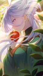 Rule 34 | 1girl, absurdres, asticassia school uniform, blurry, blurry background, expressionless, floating hair, food, from side, grey eyes, gundam, gundam suisei no majo, hair between eyes, highres, holding, holding food, holding vegetable, leaf, long hair, long sleeves, miorine rembran, peumya, profile, school uniform, solo, sunlight, tomato, upper body, vegetable