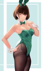 Rule 34 | 1girl, animal ears, bow, bowtie, breasts, brown eyes, brown hair, brown pantyhose, cleavage, closed mouth, detached collar, fake animal ears, fake tail, finger to own chin, green bow, green bowtie, green leotard, hand on own hip, highleg, highleg leotard, highres, leotard, light smile, medium breasts, original, pantyhose, playboy bunny, rabbit ears, rabbit tail, short hair, solo, strapless, strapless leotard, tail, thighband pantyhose, two-tone background, wa (genryusui), white wrist cuffs, wrist cuffs