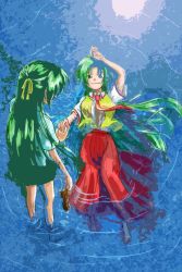 Rule 34 | 2girls, afloat, arm above head, barefoot, from above, green eyes, green hair, half updo, holding hands, highres, higurashi no naku koro ni, holding, holding shoes, long hair, multiple girls, partially submerged, ponytail, ribbon, school uniform, shallow water, shoes, unworn shoes, siblings, sisters, smile, sonozaki mion, sonozaki shion, twins, very long hair, wahi, water