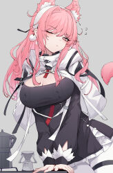 Rule 34 | 1girl, absurdres, animal ears, arknights, black dress, blush, breasts, cleavage, closed mouth, coffee pot, cowboy shot, cropped jacket, dress, earrings, extra ears, flying sweatdrops, frilled dress, frills, grey background, hairband, highres, jacket, jewelry, juejue, large breasts, long hair, long sleeves, looking at viewer, official alternate costume, open clothes, open jacket, pantyhose, pink eyes, pink hair, pozyomka (arknights), pozyomka (snowy plains in words) (arknights), simple background, solo, tail, thigh gap, thigh strap, very long hair, white hairband, white jacket, white pantyhose, wolf ears, wolf girl, wolf tail