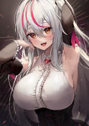 1girl :d absurdres arm_behind_head armpits arms_up bare_shoulders breasts center_frills collared_shirt commission detached_sleeves fang frilled_shirt frilled_sleeves frills highres kuroshiro_kanae large_breasts long_hair long_sleeves looking_at_viewer multicolored_hair one_side_up open_mouth orange_eyes original shirt skeb_commission sleeveless sleeveless_shirt smile solo streaked_hair underbust upper_body white_hair white_shirt