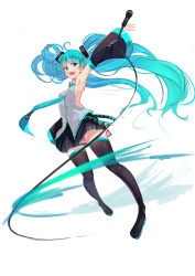 Rule 34 | 1girl, :d, ahoge, aqua eyes, aqua hair, arm up, armpits, detached sleeves, floating hair, full body, hatsune miku, highres, long hair, lumo 1121, microphone, necktie, open mouth, outstretched arm, simple background, skirt, smile, solo, thighhighs, twintails, very long hair, vocaloid, white background