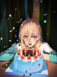 Rule 34 | 1girl, birthday cake, blonde hair, blue jacket, cake, candle, chainsaw man, confetti, cross-shaped pupils, crying, crying with eyes open, curtains, dark, food, hair between eyes, highres, horns, jacket, long hair, looking at viewer, phoneafrog, power (chainsaw man), red eyes, red horns, sad, shadow, sharp teeth, shirt, solo, strawberry cake, symbol-shaped pupils, tears, teeth, twitter username, white shirt