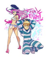 Rule 34 | 1boy, 1girl, arms behind head, ass, back-to-back, blonde hair, blue eyes, blush, breasts, butt crack, choker, cody travers, cuffs, earrings, eyebrows, eyeshadow, facial hair, final fight, full body, handcuffs, hat, high heels, hoop earrings, jewelry, lipstick, long hair, makeup, muscular, no bra, nose, oskar vega, peaked cap, pink hair, poison (final fight), prison clothes, shoes, short shorts, shorts, simple background, sneakers, strap slip, street fighter, street fighter zero (series), stubble, thick eyebrows, underboob