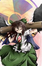 Rule 34 | 1girl, arm cannon, black wings, bow, breasts, brown hair, buttons, cape, center frills, charnoe, closed mouth, collared shirt, cowboy shot, feathered wings, fingernails, frilled shirt, frilled shirt collar, frilled skirt, frilled sleeves, frills, gimp (medium), green bow, green skirt, hair bow, highres, large breasts, long hair, nail polish, over shoulder, puffy short sleeves, puffy sleeves, radiation symbol, red eyes, red nails, reiuji utsuho, sharp fingernails, shirt, short sleeves, skirt, solo, third eye on chest, touhou, weapon, weapon over shoulder, white cape, white shirt, wings