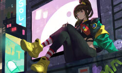 1girl absurdres aqua_jacket arowana2111 black_gloves black_pants black_shirt blue_eyes blunt_bangs breasts brown_hair city_lights cityscape closed_mouth commentary crop_top crossed_legs fanny_pack fingerless_gloves full_body gloves graffiti hand_on_own_knee highres jacket ladder long_sleeves looking_at_viewer medium_breasts medium_hair midriff neon_lights open_clothes open_jacket original outdoors pants ponytail red_bag red_socks shirt sidelocks sitting socks solo striped_clothes striped_socks white_socks yellow_footwear