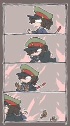 Rule 34 | 1boy, black hair, brown gloves, chibi, comic, fate (series), fire, gloves, green hat, hair over one eye, hat, highres, koha-ace, long sleeves, male focus, okada izou (fate), open mouth, red eyes, scabbard, sheath, silent comic, skmtnudy, solo, star (symbol), throwing, upper body
