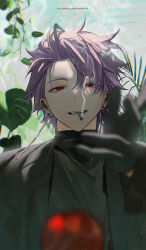 Rule 34 | 1boy, black gloves, black jacket, black sweater, blurry, blurry foreground, cigarette, earrings, gloves, hair behind ear, half-closed eyes, highres, jacket, jewelry, k00s, leaf, open hand, purple hair, red eyes, saibou shinkyoku, smile, smoking, solo, sweater, theodore riddle, upper body