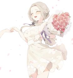 Rule 34 | 1girl, 1other, ^ ^, blush, bouquet, breasts, closed eyes, dress, edelgard von hresvelg, fire emblem, fire emblem: three houses, floral print, flower, hair ribbon, highres, holding, holding bouquet, korean commentary, medium breasts, meunhongcha, nintendo, open mouth, petals, ponytail, purple ribbon, red flower, ribbon, simple background, sleeveless, sleeveless dress, solo focus, white background, yellow dress