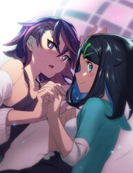 Rule 34 | 2girls, bare shoulders, black hair, black shirt, blue eyes, blue hair, blue jacket, blush, closed mouth, colored inner hair, creatures (company), dot (pokemon), game freak, hair between eyes, hair ornament, hairclip, highres, holding hands, interlocked fingers, jacket, liko (pokemon), looking at viewer, multicolored hair, multiple girls, nintendo, open clothes, open jacket, open mouth, plus ta, pokemon, pokemon (anime), pokemon horizons, purple eyes, purple hair, shirt, short hair, sleeveless, sleeveless shirt, two-tone hair, white shirt, yuri