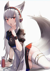 Rule 34 | 1girl, absurdres, animal ears, arknights, arm support, black nails, black shirt, commentary request, food, food on face, fox ears, fox tail, frostleaf (arknights), grey background, headphones, highres, implied extra ears, large tail, lodbyy, long hair, looking at viewer, nail polish, partial commentary, red eyes, shirt, silver hair, skirt, solo, tail, thighhighs, thighs, white skirt, white thighhighs, wrist cuffs