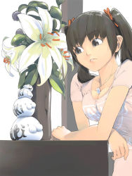 Rule 34 | 1girl, :3, akinbo (hyouka fuyou), black eyes, black hair, breasts, cleavage, flower, hair ornament, medium breasts, ribbon, short twintails, solo, twintails